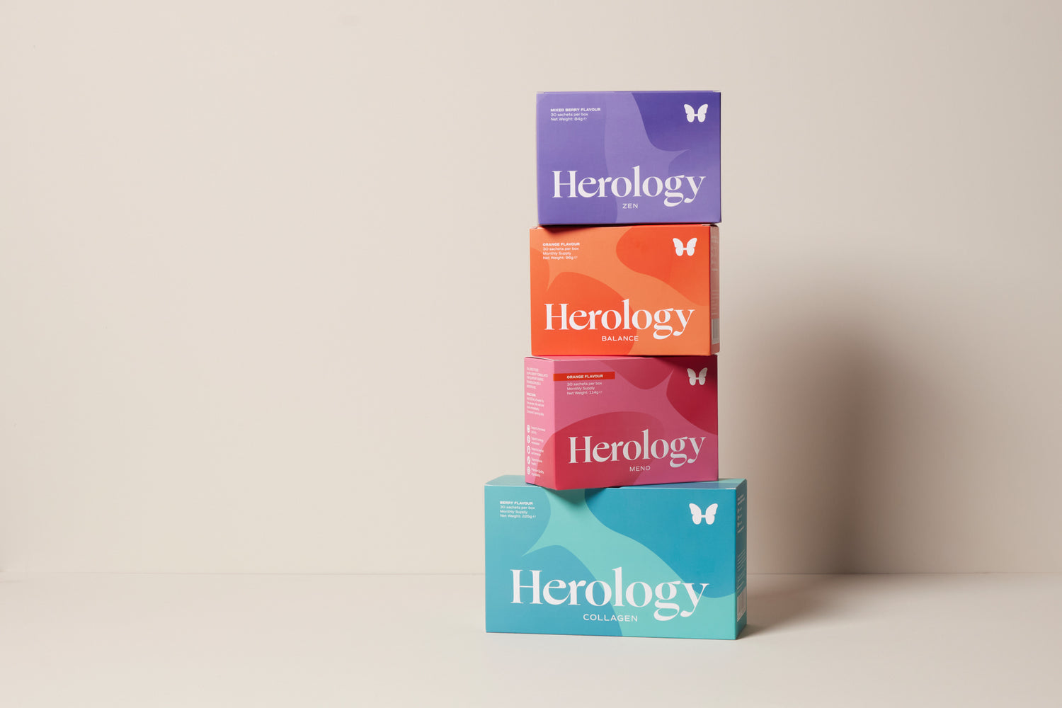 4 of Herology women's supplements boxes stacked one over the other on a minimalist shelf